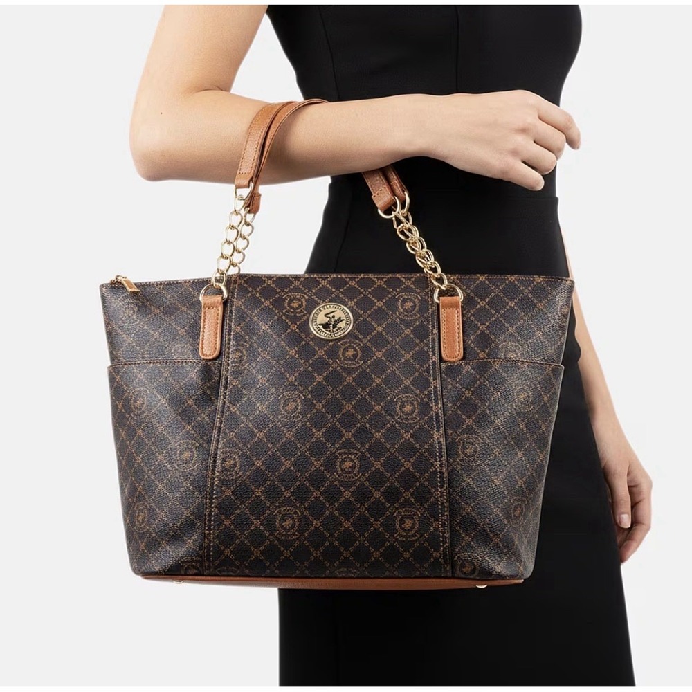 Beverly Hills POLO Club Large Brown Monogram Tote Handbag Purse Gold Chain New